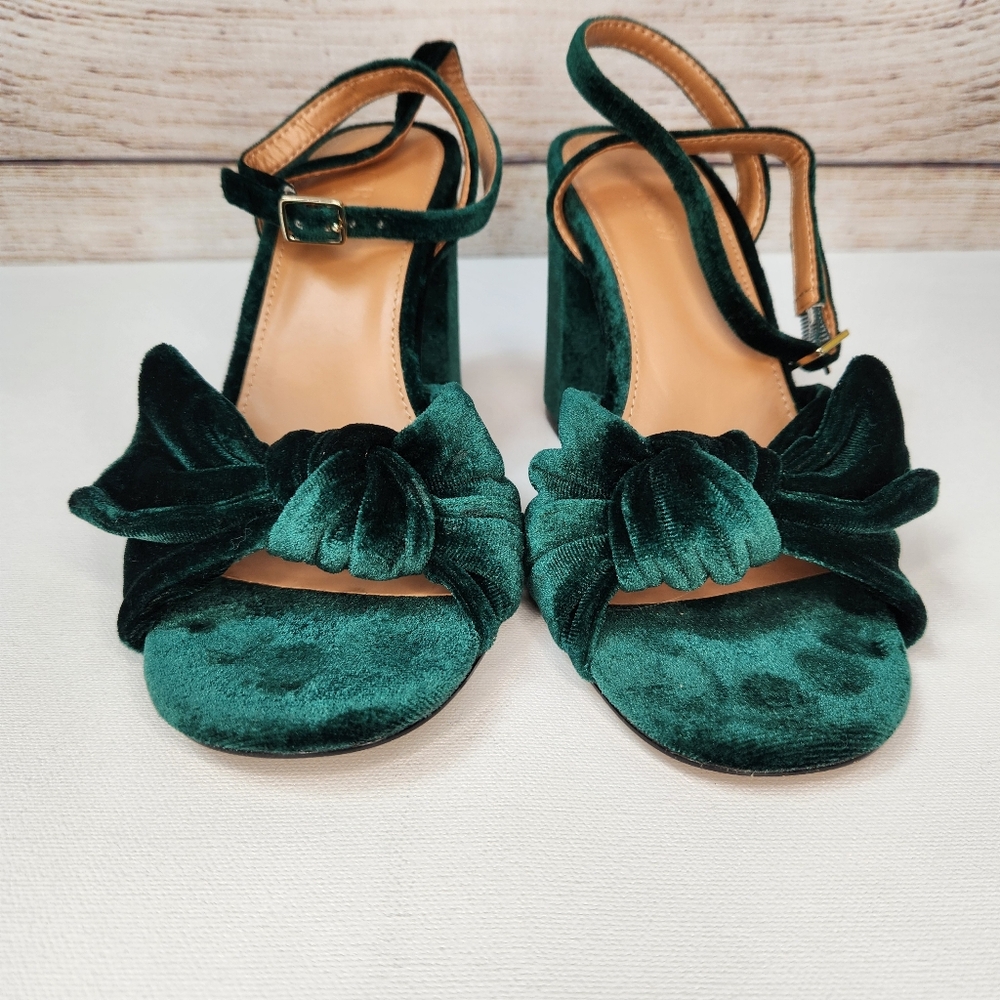 J. Crew Velvet Bow Women's Platform Heels Academic Green Size 7 - Picture 5 of 9